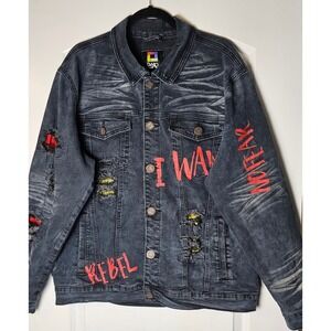 Vintage Demolition Mens‎ Distressed Denim Jacket Black Rebel No Fear Graphic  XL
